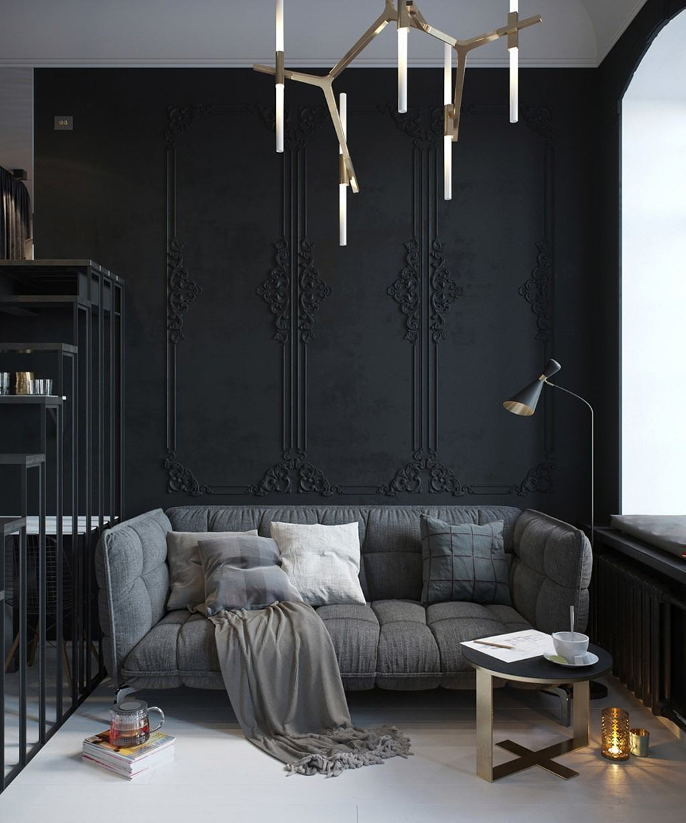 Black Wall Interior play with moulding designs for texture