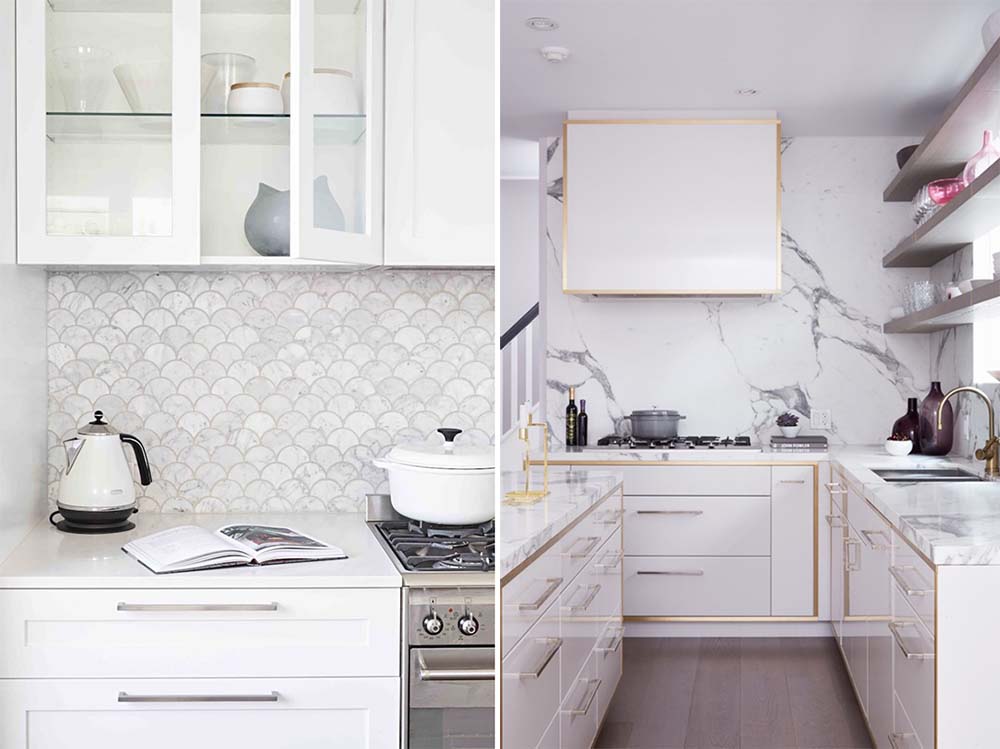 White Fishscale marble backsplash kitchen via Sally Rhys Jones